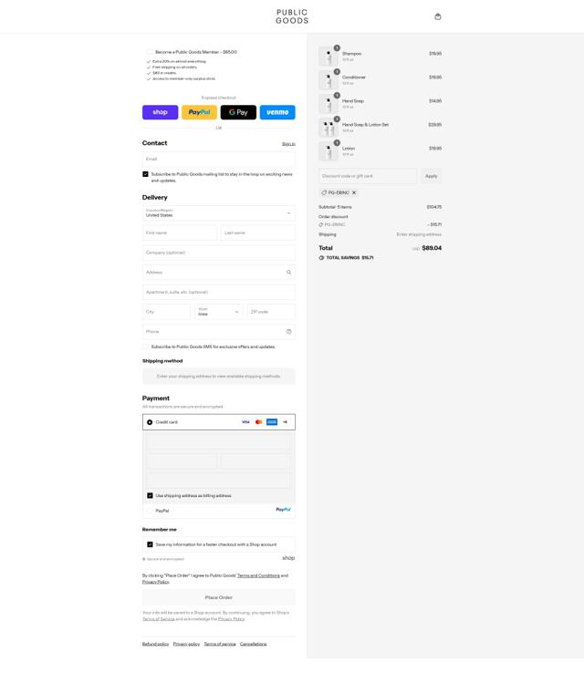 Public Goods checkout page showing Public Goods discount code box | Screenshot taken by SimplyCodes community member on Sep 12, 2025