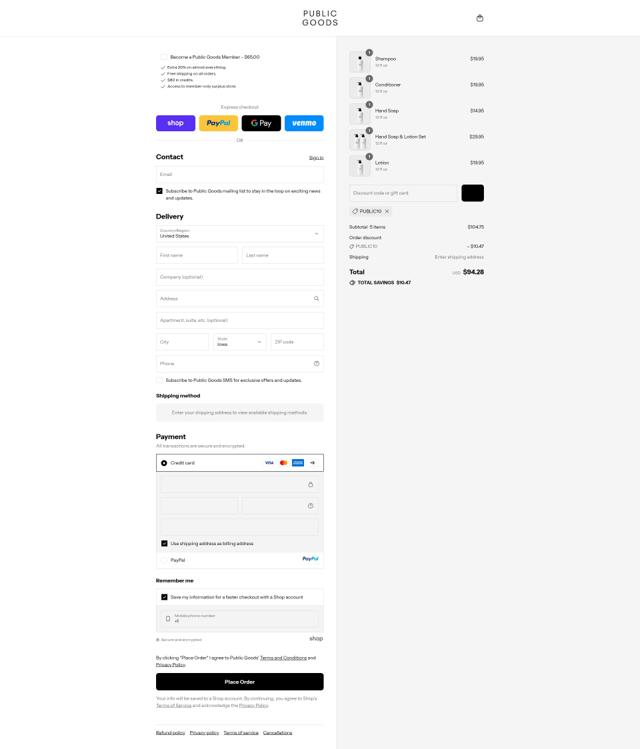 Public Goods checkout page showing Public Goods discount code box | Screenshot taken by SimplyCodes community member on Sep 12, 2025