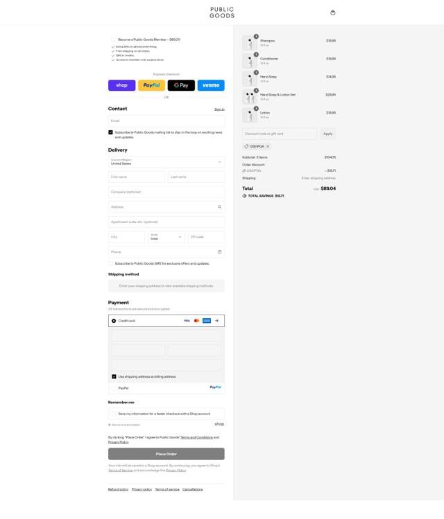 Public Goods checkout page showing Public Goods discount code box | Screenshot taken by SimplyCodes community member on Sep 12, 2025