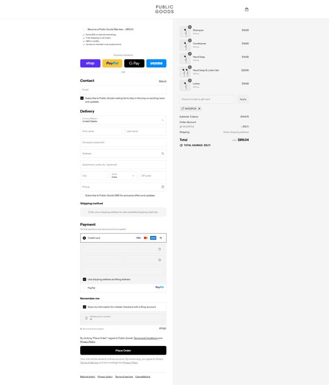 Public Goods checkout page showing Public Goods discount code box | Screenshot taken by SimplyCodes community member on Sep 12, 2025