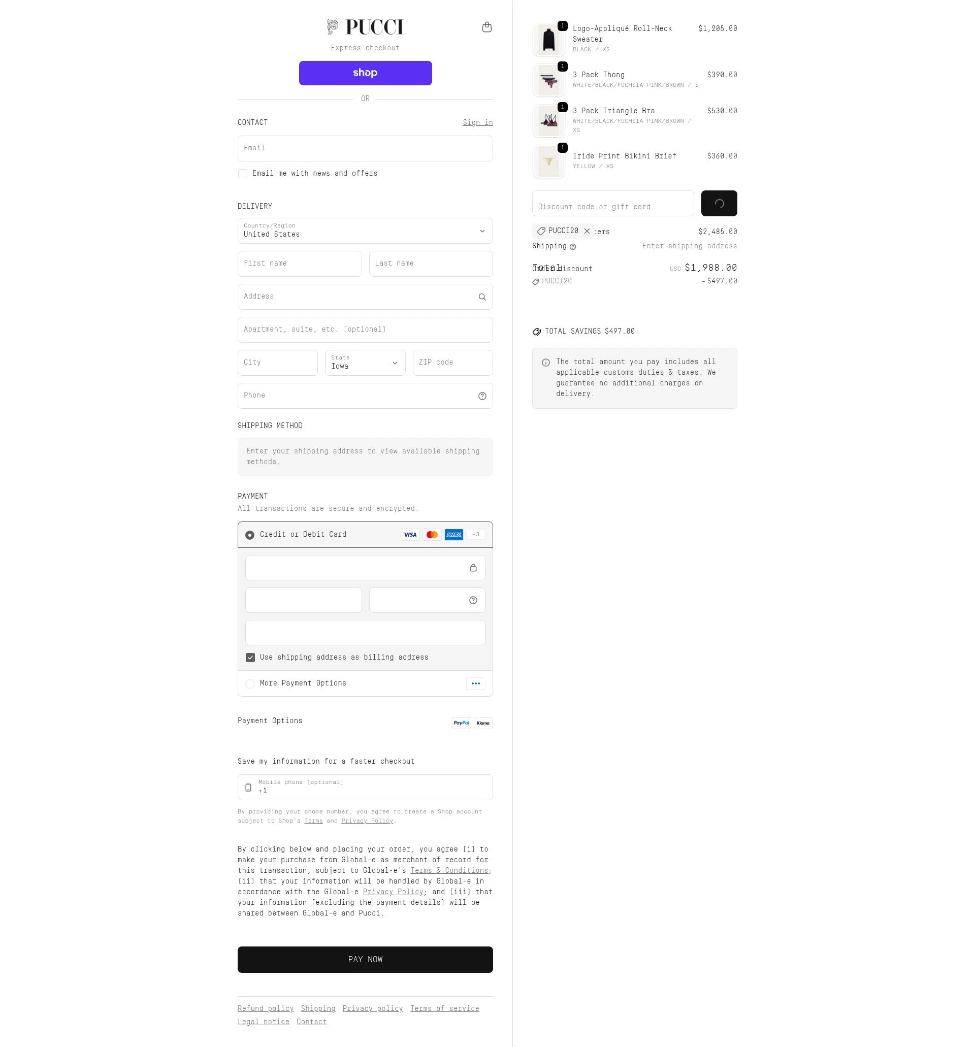 PUCCI checkout page showing PUCCI promo code box | Screenshot taken by SimplyCodes community member on Feb 10, 2026