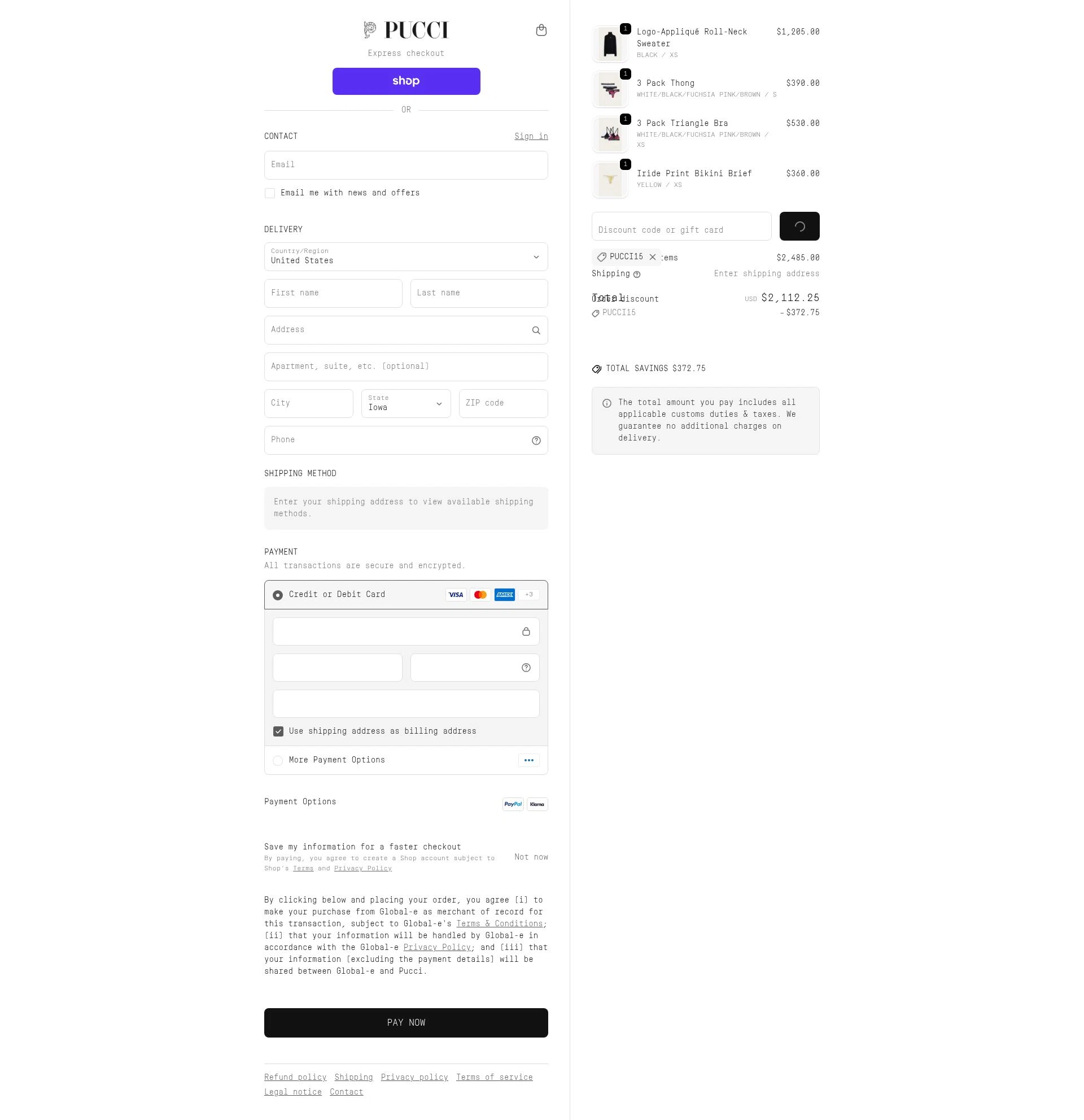 PUCCI checkout page showing PUCCI promo code box | Screenshot taken by SimplyCodes community member on Feb 15, 2026