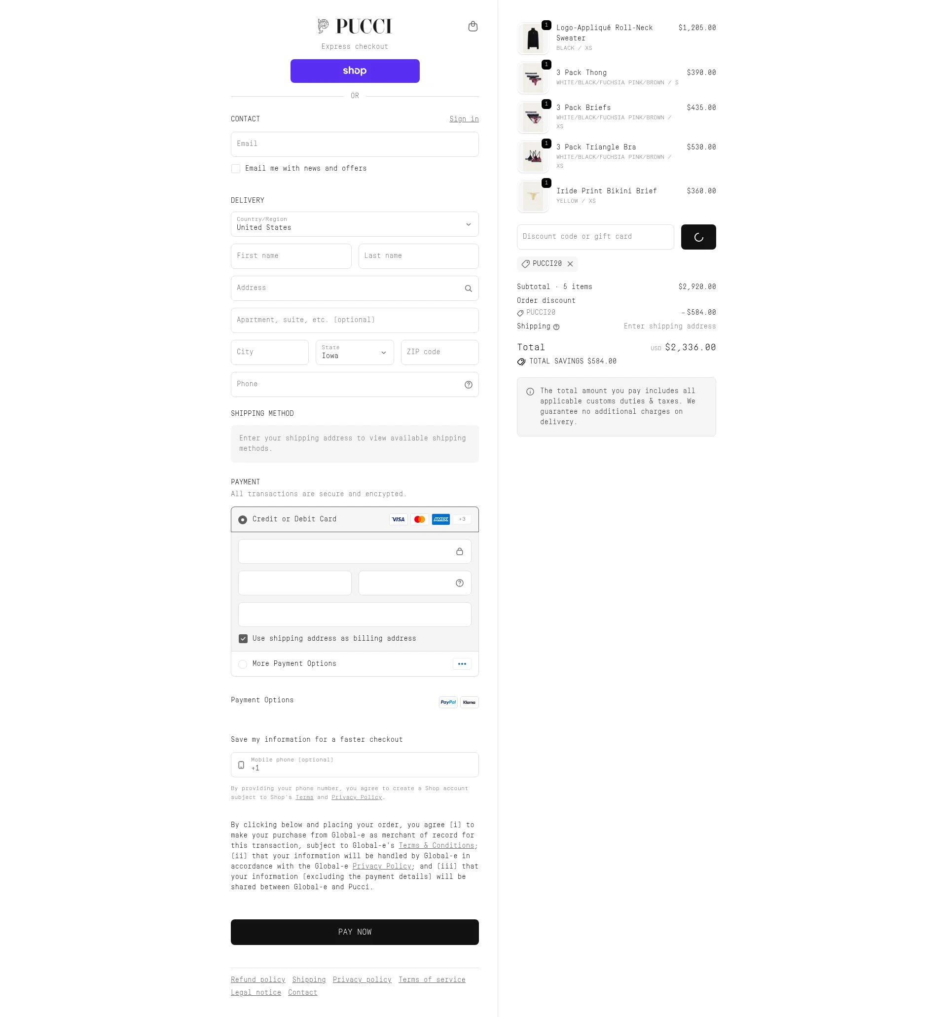 PUCCI checkout page showing PUCCI promo code box | Screenshot taken by SimplyCodes community member on Feb 2, 2026