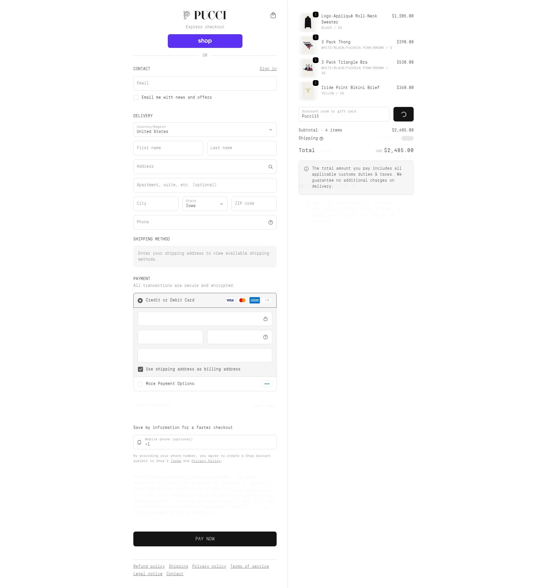 PUCCI checkout page showing PUCCI promo code box | Screenshot taken by SimplyCodes community member on Feb 10, 2026