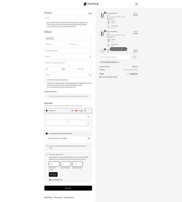 Puffco checkout page showing Puffco discount code box | Screenshot taken by SimplyCodes community member on Sep 7, 2025