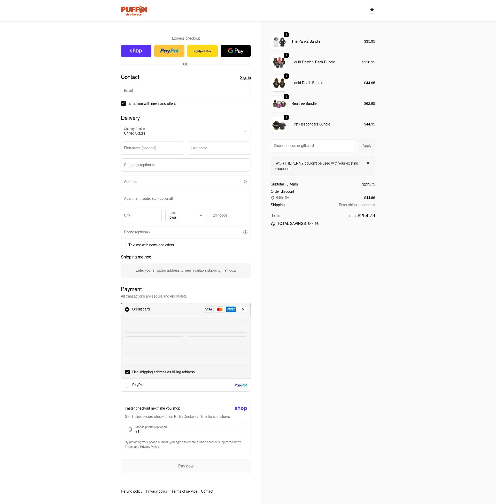 Puffin checkout page showing Puffin promo code box | Screenshot taken by SimplyCodes community member on Jan 8, 2026