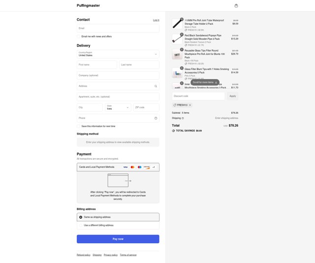 Puffingmaster checkout page showing Puffingmaster promo code box | Screenshot taken by SimplyCodes community member on Sep 7, 2025