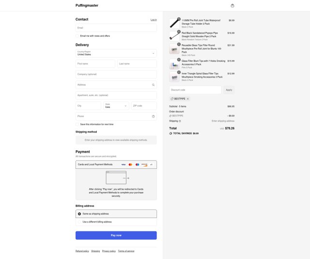 Puffingmaster checkout page showing Puffingmaster promo code box | Screenshot taken by SimplyCodes community member on Sep 7, 2025