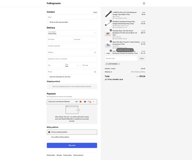 Puffingmaster checkout page showing Puffingmaster promo code box | Screenshot taken by SimplyCodes community member on Sep 7, 2025
