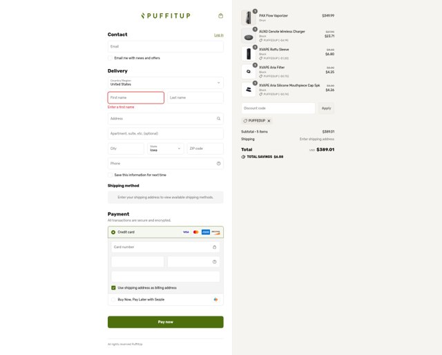 PuffItUp checkout page showing PuffItUp promo code box | Screenshot taken by SimplyCodes community member on Sep 8, 2025
