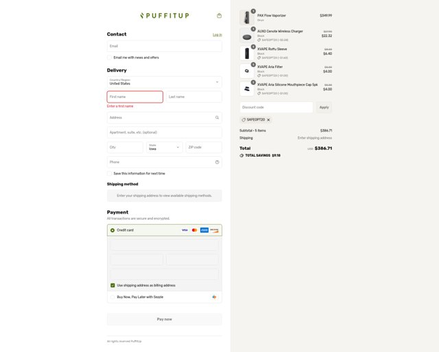 PuffItUp checkout page showing PuffItUp promo code box | Screenshot taken by SimplyCodes community member on Sep 3, 2025