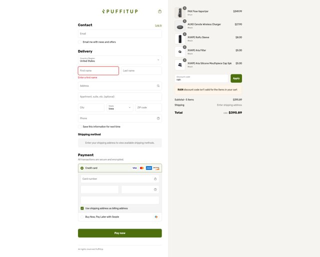 PuffItUp checkout page showing PuffItUp promo code box | Screenshot taken by SimplyCodes community member on Sep 3, 2025