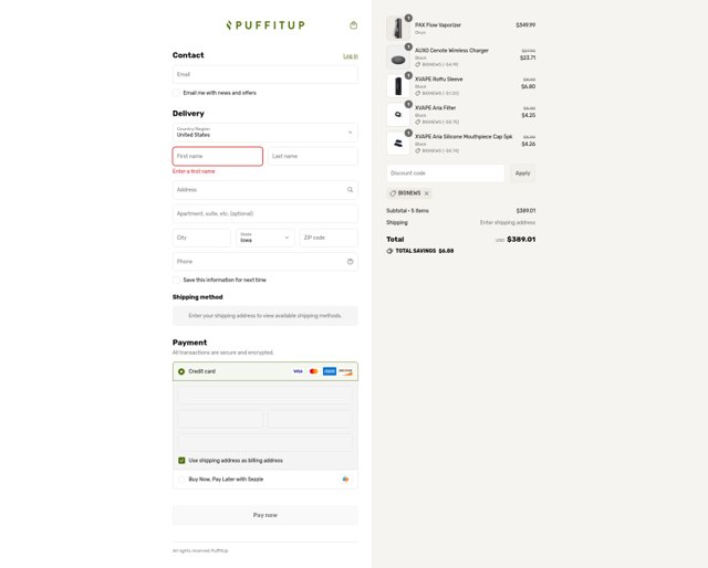PuffItUp checkout page showing PuffItUp promo code box | Screenshot taken by SimplyCodes community member on Sep 3, 2025