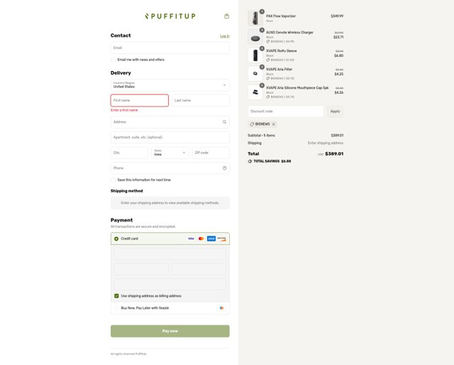 PuffItUp checkout page showing PuffItUp promo code box | Screenshot taken by SimplyCodes community member on Sep 8, 2025