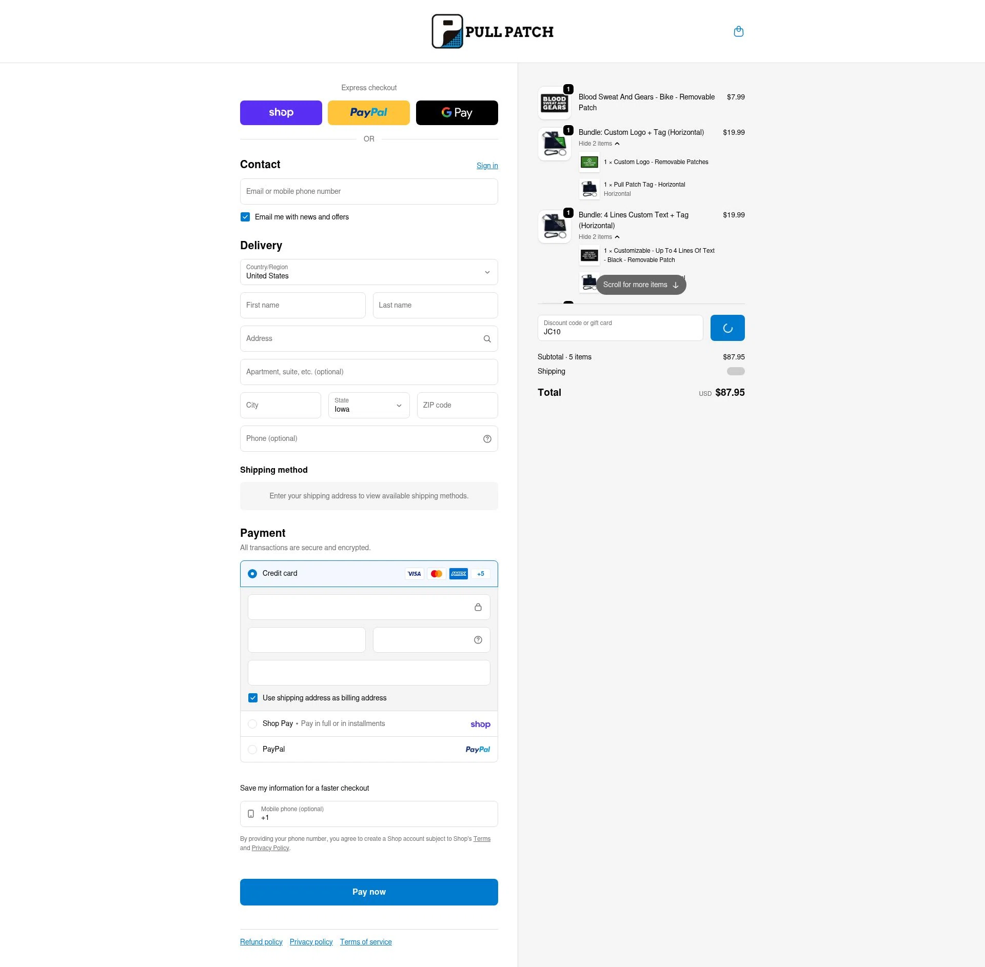 Pull Patch checkout page showing Pull Patch discount code box | Screenshot taken by SimplyCodes community member on Feb 13, 2026