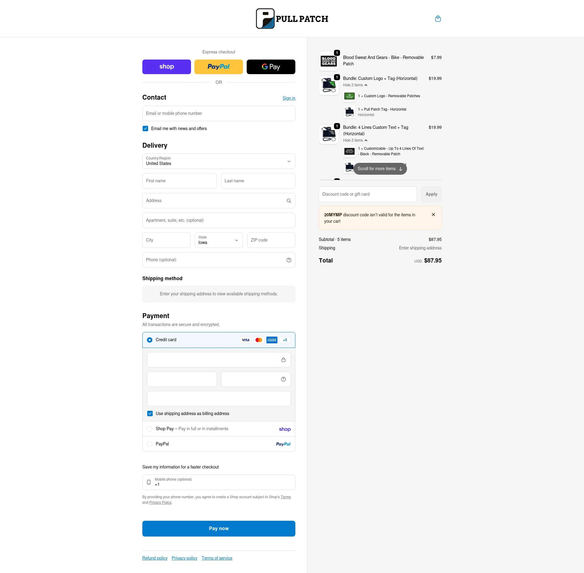 Pull Patch checkout page showing Pull Patch discount code box | Screenshot taken by SimplyCodes community member on Feb 13, 2026