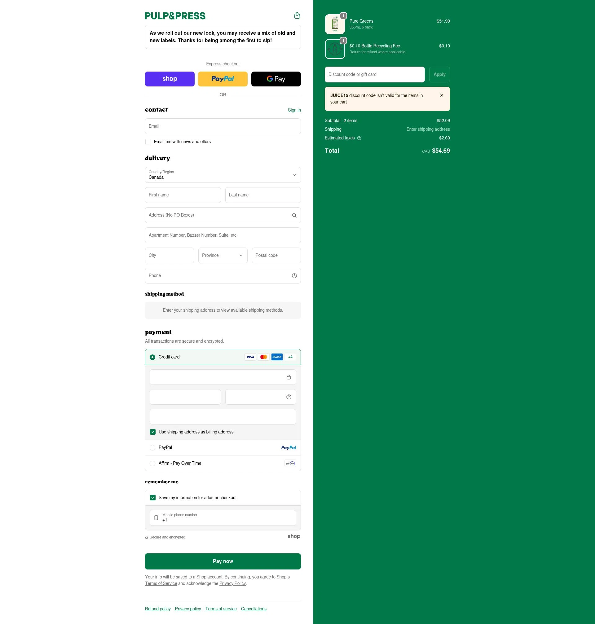 Pulp & Press Juice checkout page showing Pulp & Press Juice promo code box | Screenshot taken by SimplyCodes community member on Jan 23, 2026