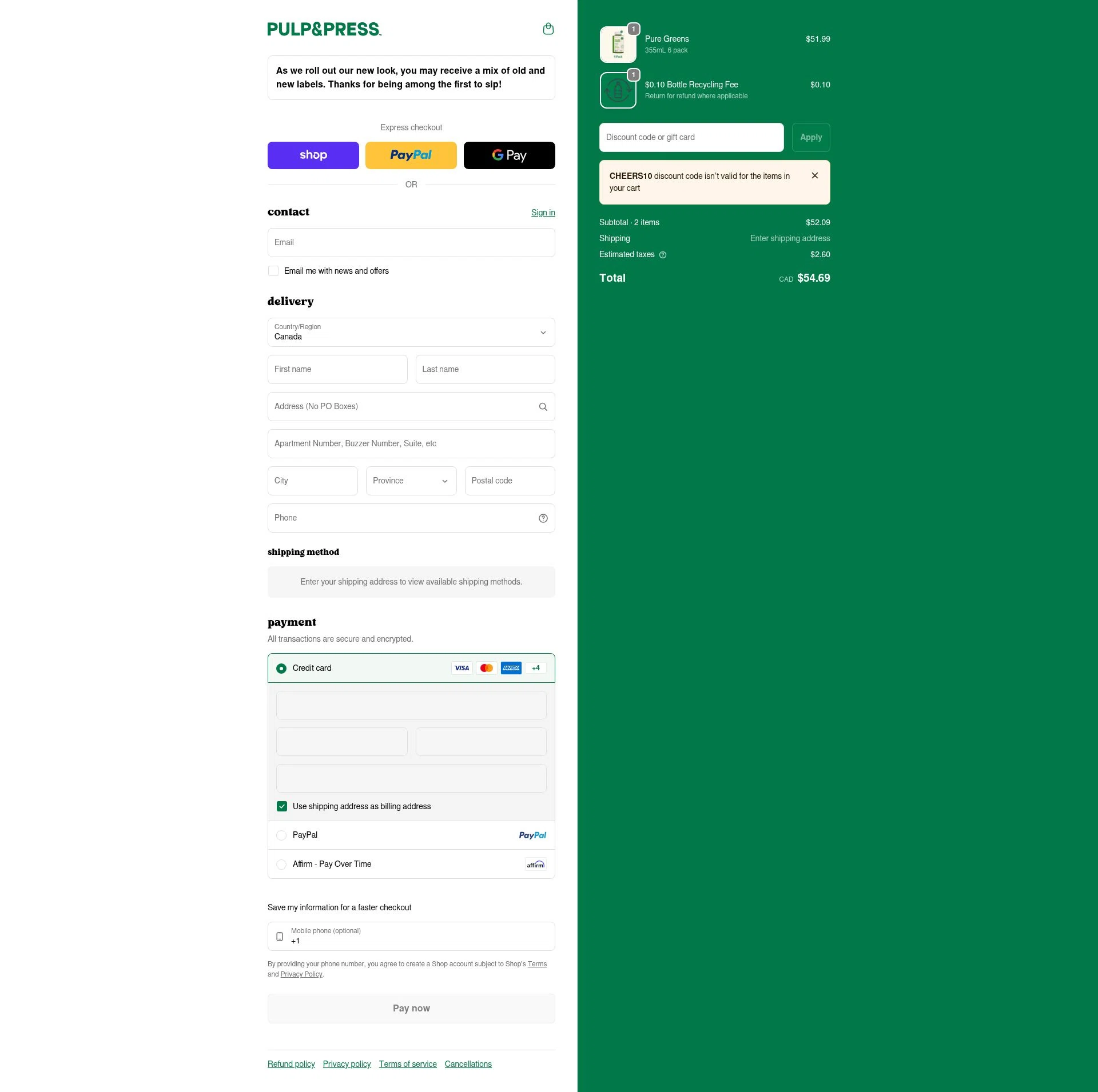 Pulp & Press Juice checkout page showing Pulp & Press Juice promo code box | Screenshot taken by SimplyCodes community member on Jan 18, 2026