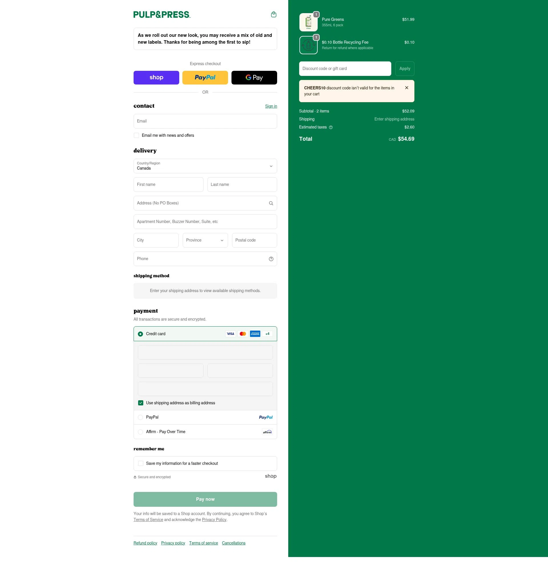 Pulp & Press Juice checkout page showing Pulp & Press Juice promo code box | Screenshot taken by SimplyCodes community member on Jan 23, 2026