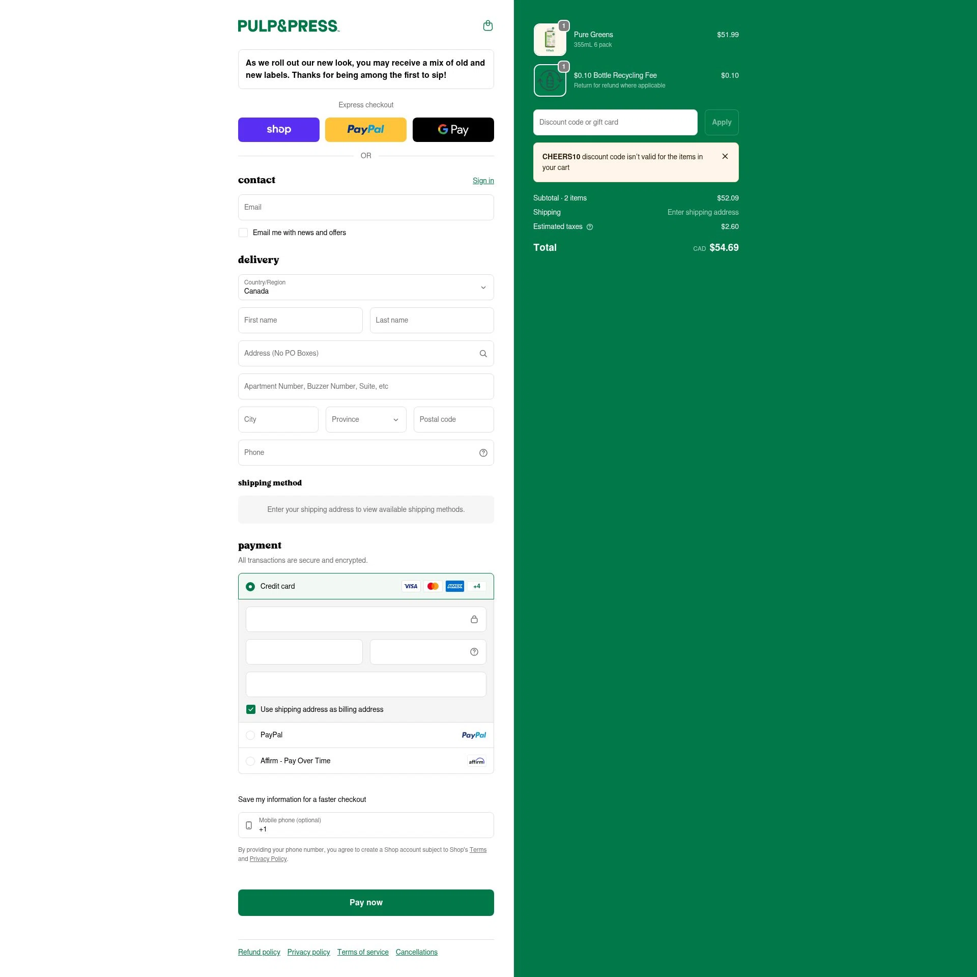 Pulp & Press Juice checkout page showing Pulp & Press Juice promo code box | Screenshot taken by SimplyCodes community member on Feb 1, 2026