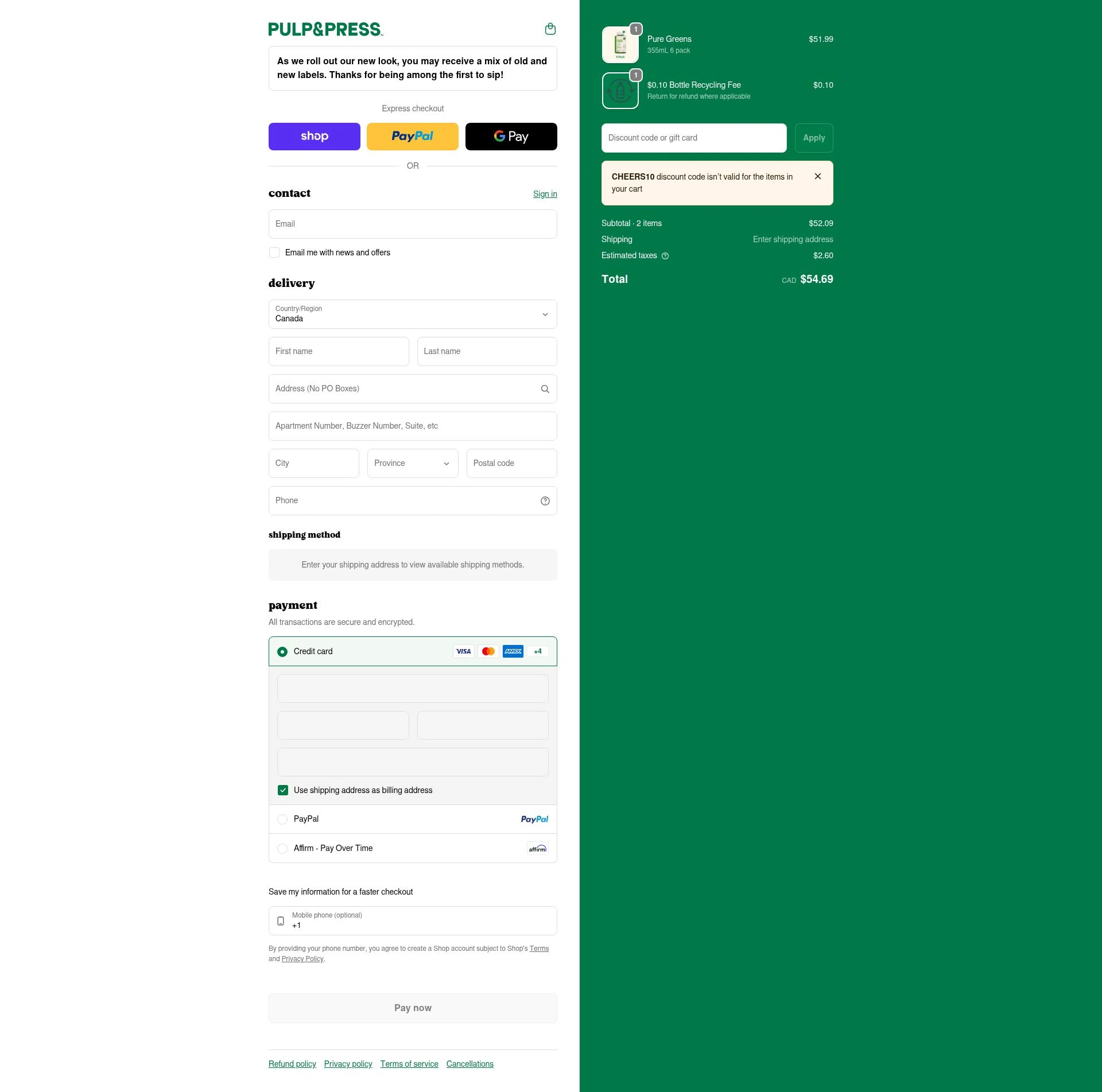 Pulp & Press Juice checkout page showing Pulp & Press Juice promo code box | Screenshot taken by SimplyCodes community member on Feb 6, 2026