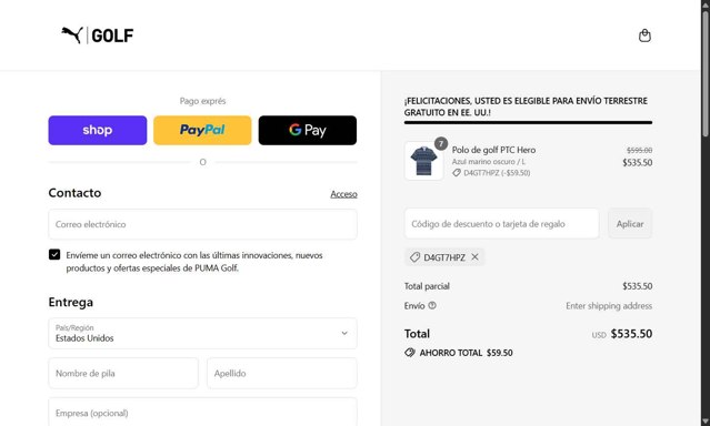 PUMA Golf checkout page showing PUMA Golf discount code box | Screenshot taken by SimplyCodes community member on Sep 4, 2025