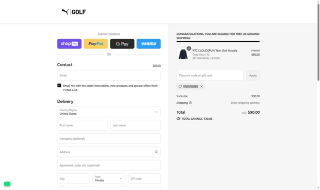 PUMA Golf checkout page showing PUMA Golf discount code box | Screenshot taken by SimplyCodes community member on Aug 26, 2025