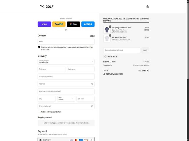 PUMA Golf checkout page showing PUMA Golf discount code box | Screenshot taken by SimplyCodes community member on Aug 30, 2025