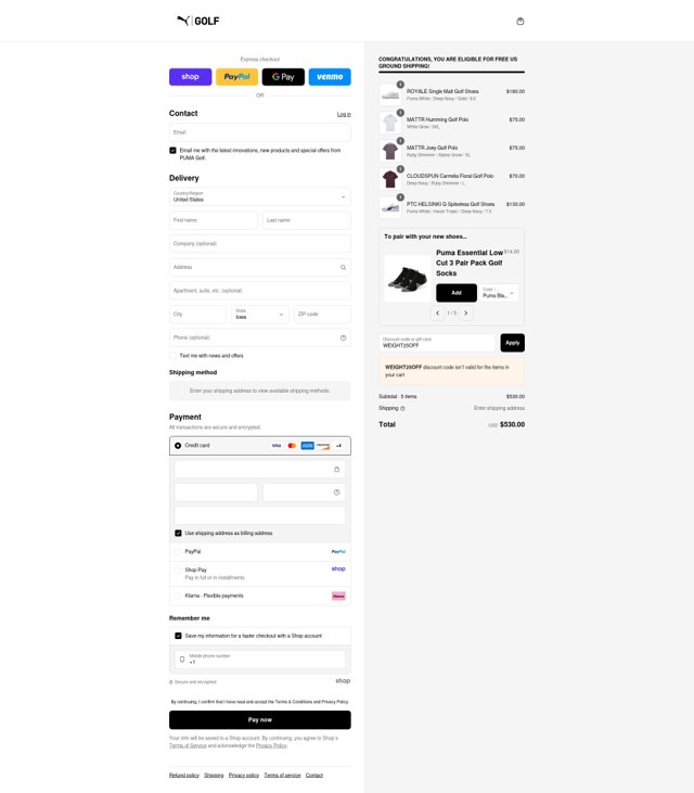 PUMA Golf checkout page showing PUMA Golf discount code box | Screenshot taken by SimplyCodes community member on Sep 2, 2025