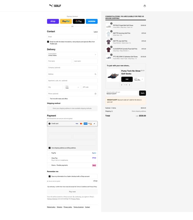 PUMA Golf checkout page showing PUMA Golf discount code box | Screenshot taken by SimplyCodes community member on Aug 28, 2025