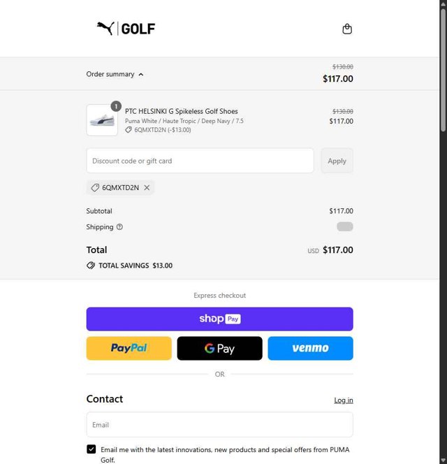PUMA Golf checkout page showing PUMA Golf discount code box | Screenshot taken by SimplyCodes community member on Aug 26, 2025