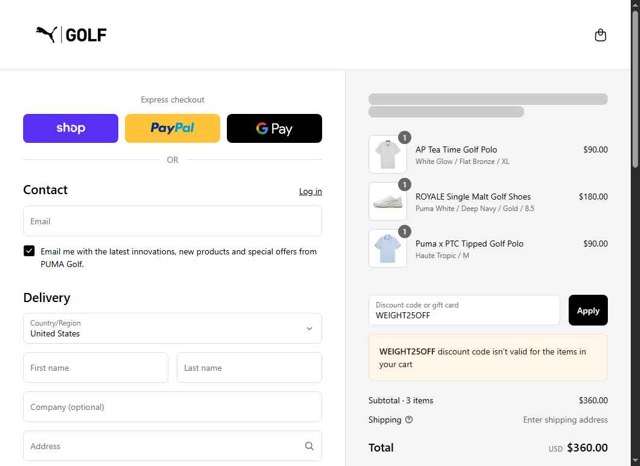 PUMA Golf checkout page showing PUMA Golf discount code box | Screenshot taken by SimplyCodes community member on Sep 3, 2025