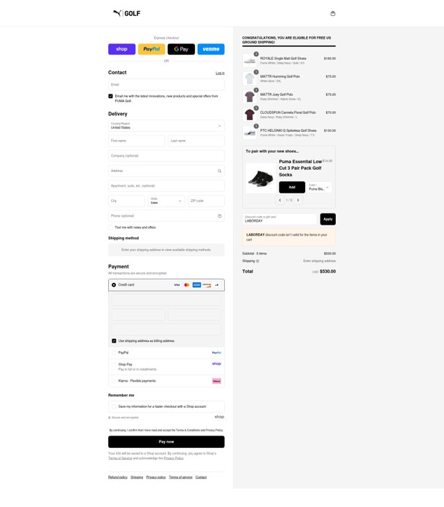 PUMA Golf checkout page showing PUMA Golf discount code box | Screenshot taken by SimplyCodes community member on Sep 2, 2025
