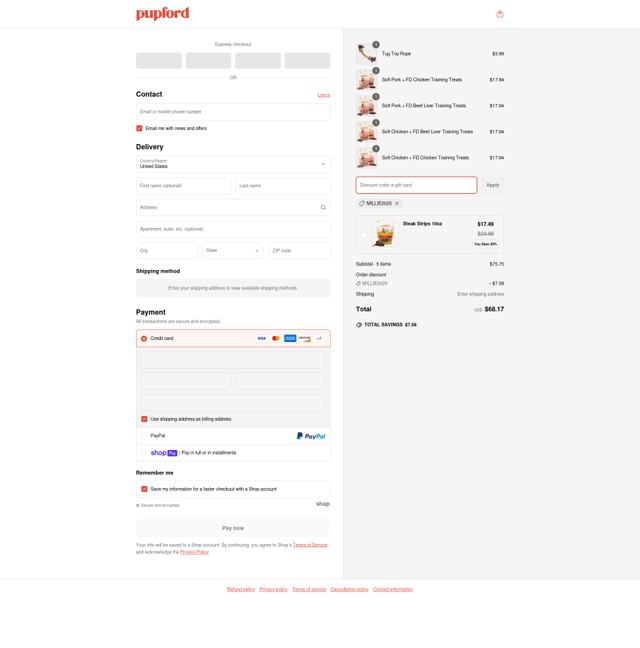 Pupford checkout page showing Pupford coupon code box | Screenshot taken by SimplyCodes community member on Apr 18, 2025