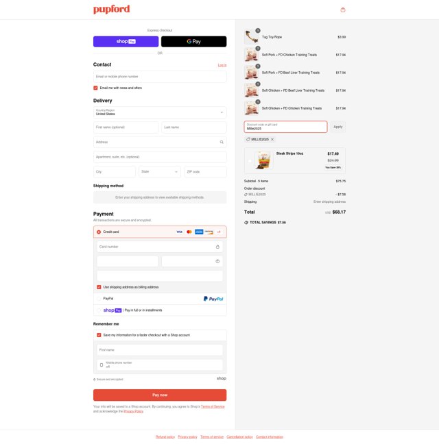 Pupford checkout page showing Pupford coupon code box | Screenshot taken by SimplyCodes community member on Apr 3, 2025