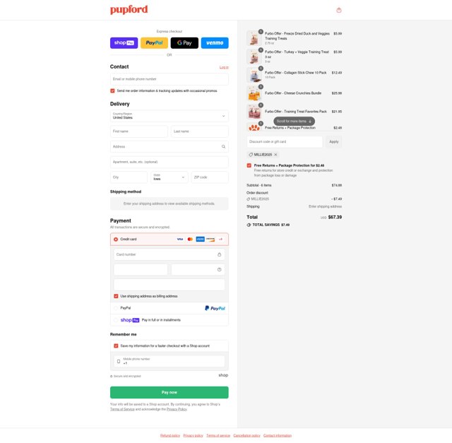 Pupford checkout page showing Pupford coupon code box | Screenshot taken by SimplyCodes community member on Jul 9, 2025