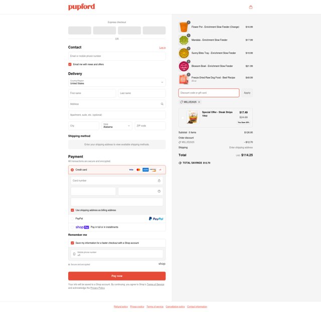 Pupford checkout page showing Pupford coupon code box | Screenshot taken by SimplyCodes community member on May 2, 2025