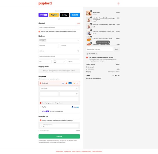 Pupford checkout page showing Pupford coupon code box | Screenshot taken by SimplyCodes community member on Jul 13, 2025