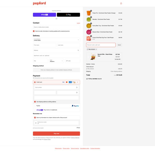Pupford checkout page showing Pupford coupon code box | Screenshot taken by SimplyCodes community member on May 13, 2025