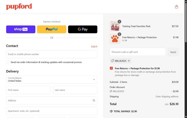 Pupford checkout page showing Pupford coupon code box | Screenshot taken by SimplyCodes community member on Jun 9, 2025