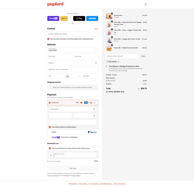 Pupford checkout page showing Pupford coupon code box | Screenshot taken by SimplyCodes community member on Jul 18, 2025