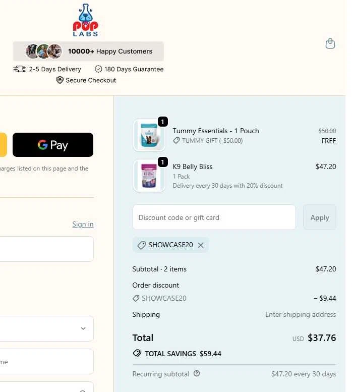 Pup Labs promo code screenshot showing code SHOWCASE20 applied at Pup Labs checkout page. Uploaded by SimplyCodes community member CleverCollector3021 on Sep 29, 2025