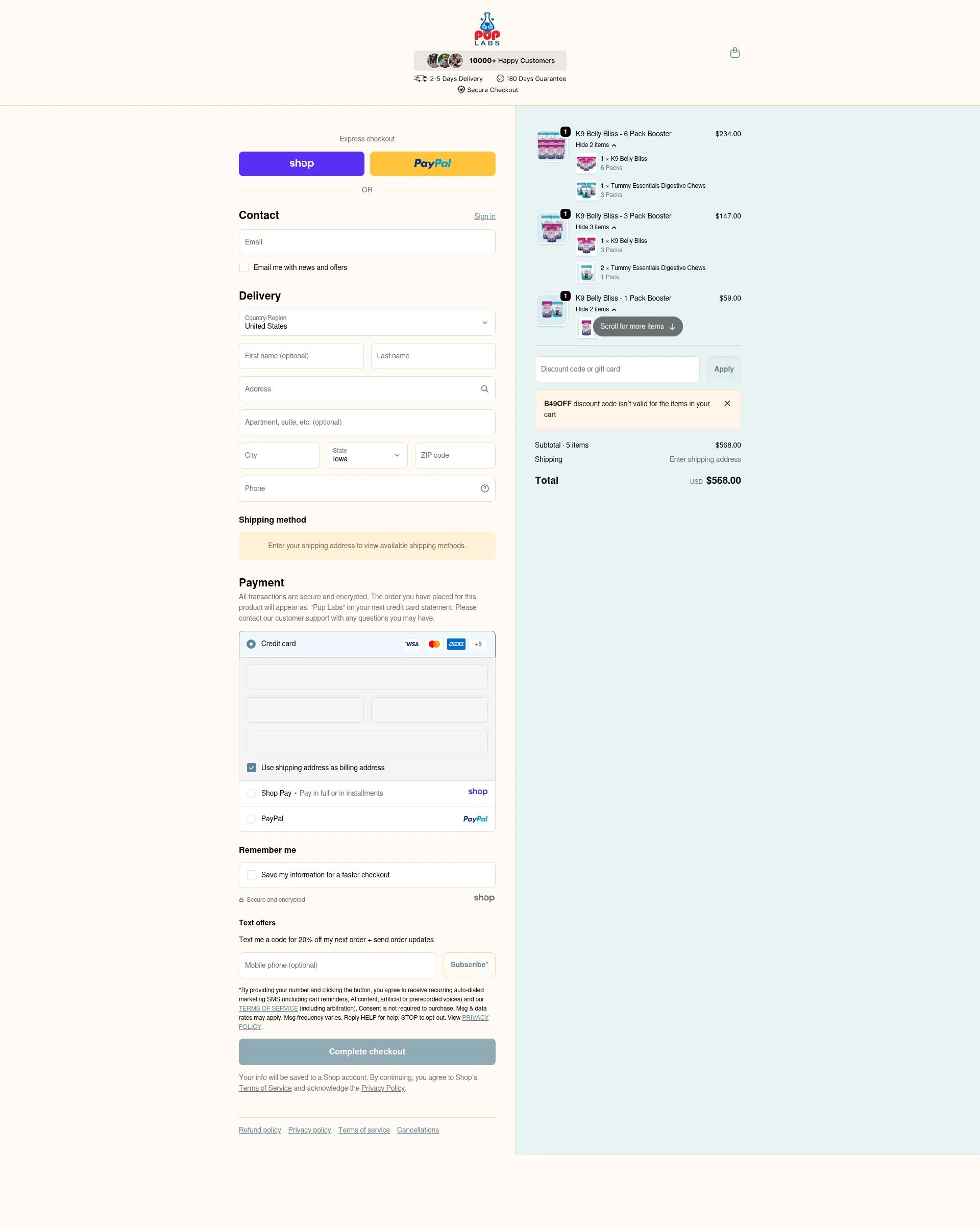 Pup Labs checkout page showing Pup Labs promo code box | Screenshot taken by SimplyCodes community member on Jan 7, 2026