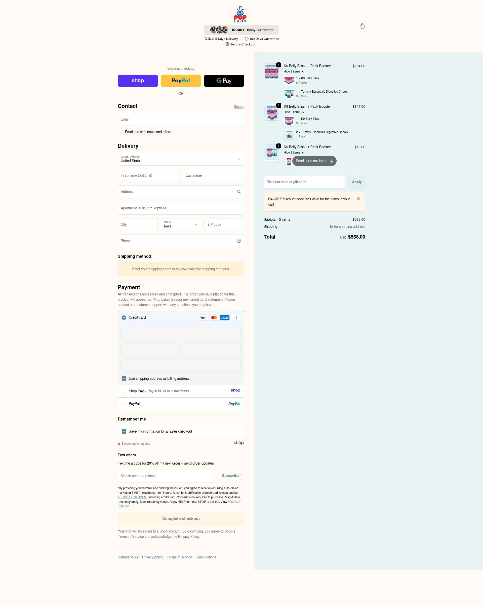 Pup Labs checkout page showing Pup Labs promo code box | Screenshot taken by SimplyCodes community member on Jan 2, 2026