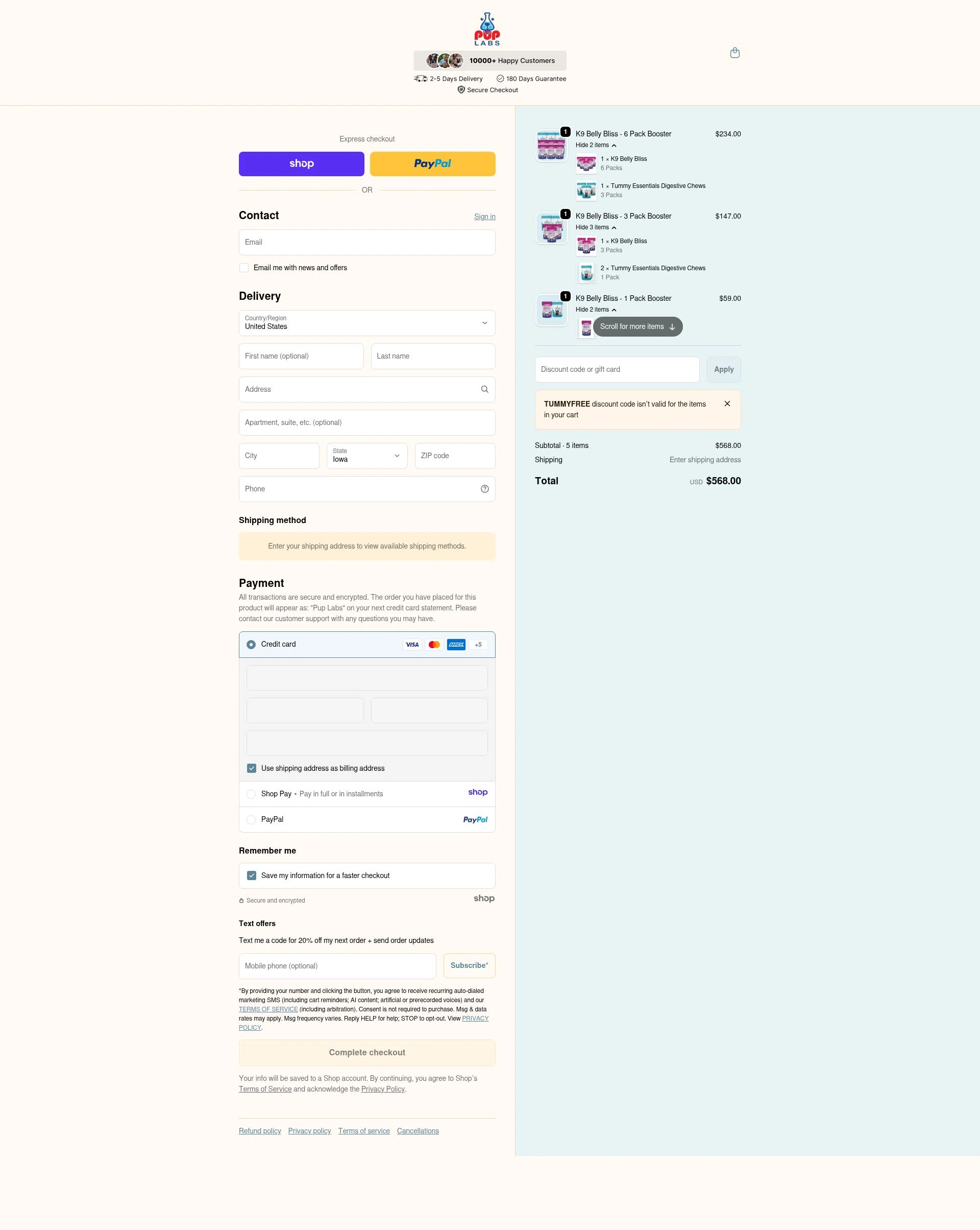 Pup Labs checkout page showing Pup Labs promo code box | Screenshot taken by SimplyCodes community member on Jan 7, 2026