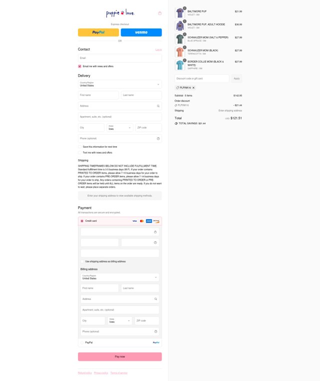 Puppie Love checkout page showing Puppie Love discount code box | Screenshot taken by SimplyCodes community member on Aug 25, 2025