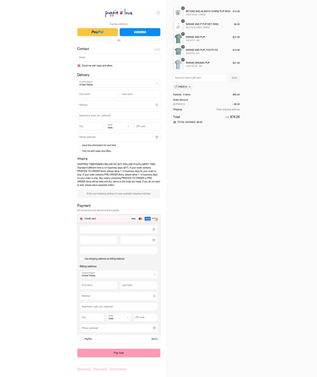 Puppie Love checkout page showing Puppie Love discount code box | Screenshot taken by SimplyCodes community member on Aug 29, 2025
