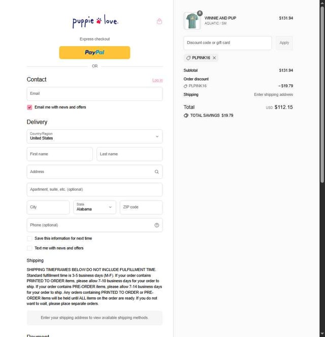 Puppie Love checkout page showing Puppie Love discount code box | Screenshot taken by SimplyCodes community member on Aug 25, 2025
