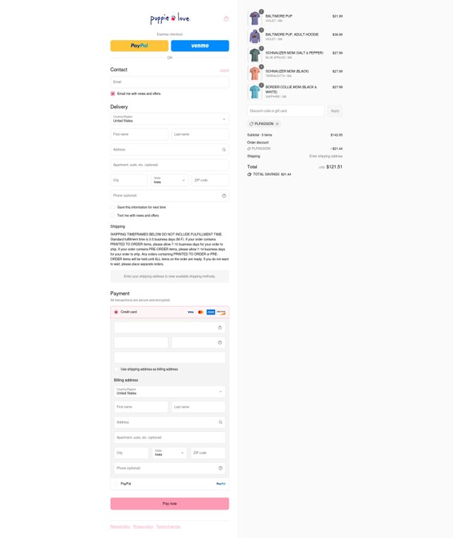 Puppie Love checkout page showing Puppie Love discount code box | Screenshot taken by SimplyCodes community member on Aug 25, 2025