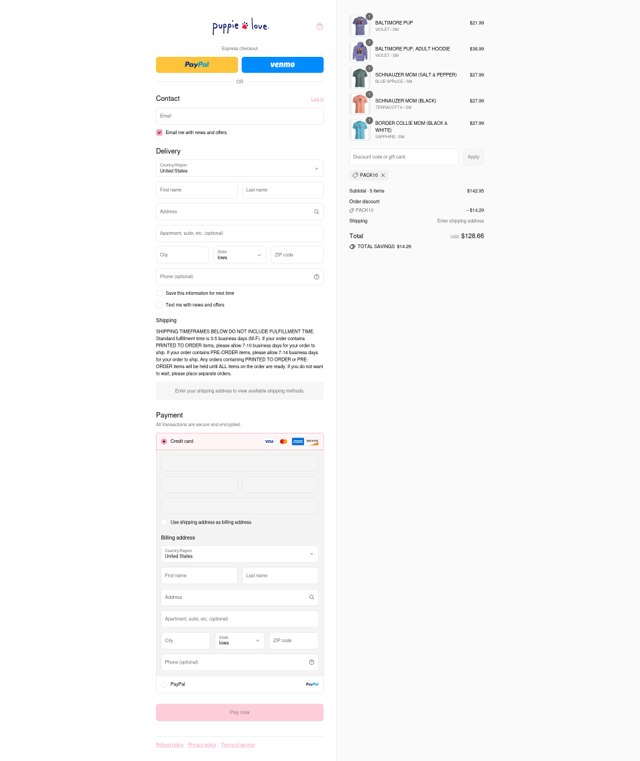 Puppie Love checkout page showing Puppie Love discount code box | Screenshot taken by SimplyCodes community member on Aug 25, 2025